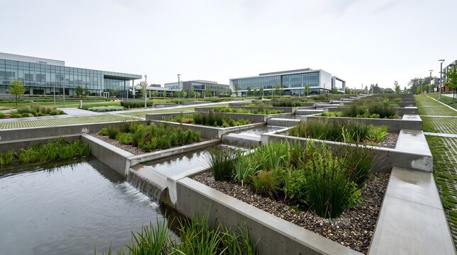 Modern office campus exterior with terraced concrete water features and green courtyards