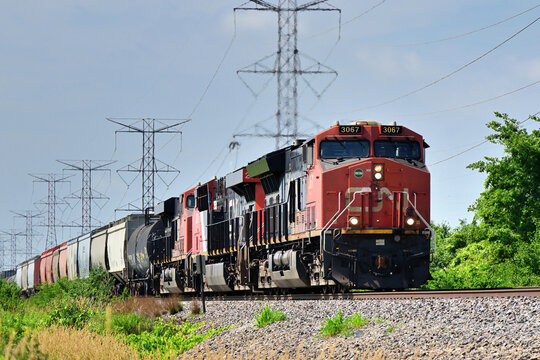 A trio of locomotives lead a Canadian Narional Railway merchandise freight train northbound as it passes through northeastern Illinois.