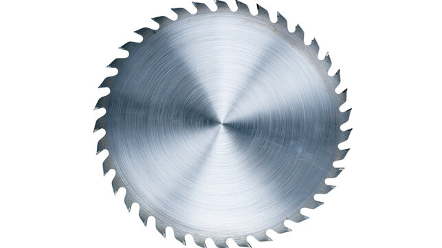 Isolated shiny circular saw blade with sharp teeth, industrial cutting tool for wood and metal