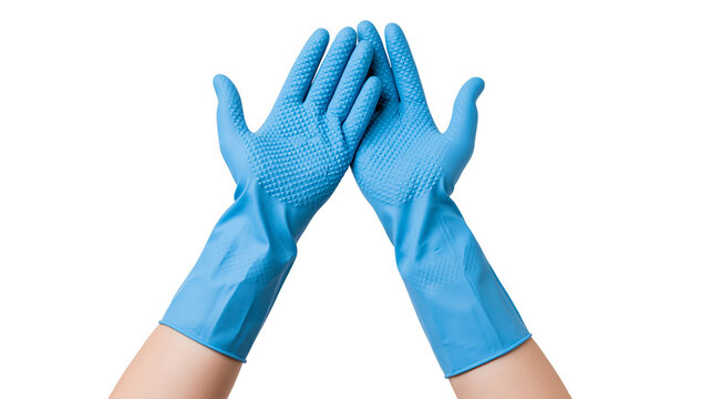 Isolated two hands in blue cleaning gloves with textured grip, palms pressed together