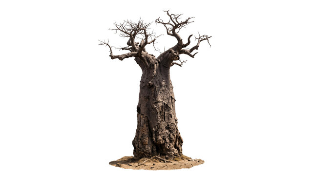 Ancient baobab tree isolated on white background, majestic african bottle tree with gnarled branches, leafless adansonia digitata specimen