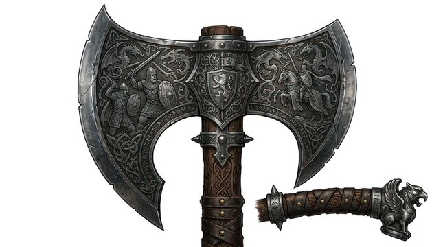 Ornate double bladed battle axe with intricate engravings and decorative handle
