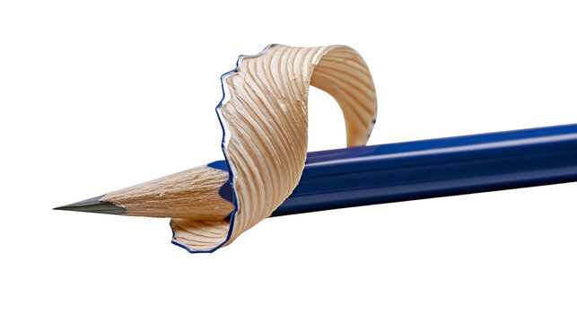 Isolated sharpened blue wooden pencil creating a beautiful detailed spiral wood shaving.