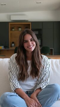 Portrait of a happy young woman with long brown hair smiling genuinely while sitting on a cozy sofa in her modern living room, looking directly at the camera with a cheerful expression