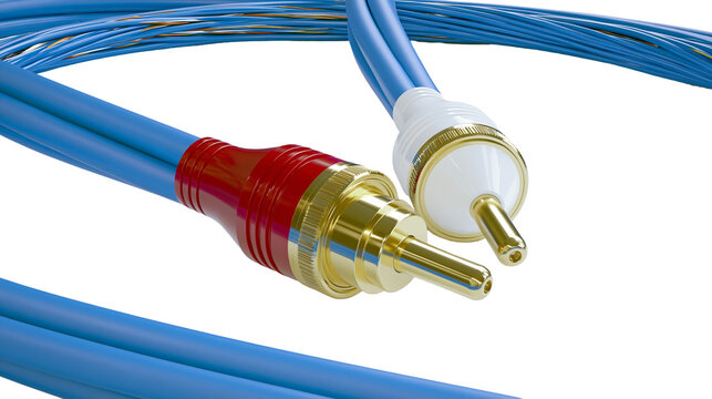 Isolated audio video cables with RCA stereo connectors, red and white plugs