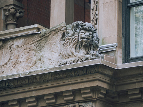 Carved Stone Lion Head Architectural Ornament on Historic Building