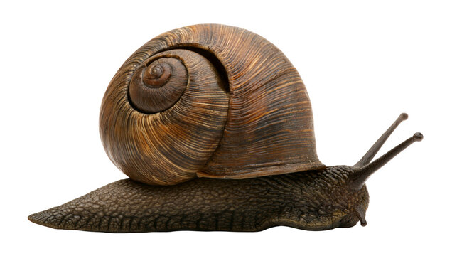 Isolated garden snail with its brown spiral shell and textured body moving slowly