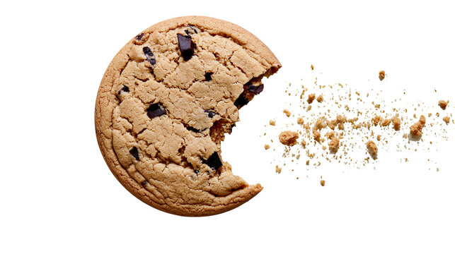 Isolated freshly baked chocolate chip cookie with bite and scattering delicious crumbs