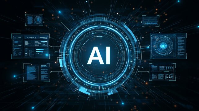 Artificial intelligence futuristic hud interface with circular glowing elements and data displays AI interface technology background digital network cyber interface neon glow