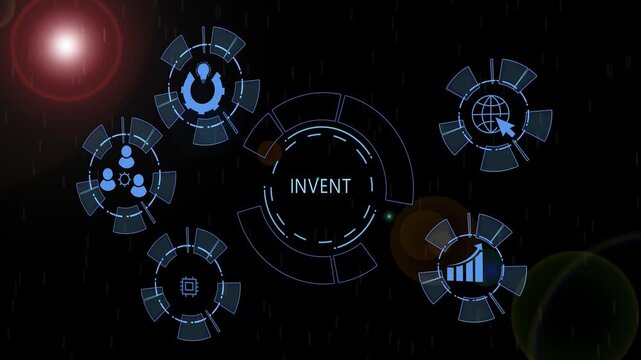 Futuristic digital interface featuring the word invent surrounded by interactive tech representing global connectivity, artificial intelligence