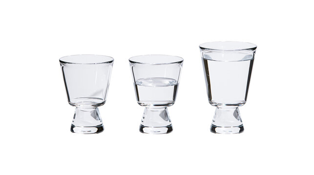 Isolated three clear glass tumblers with water, varying fill levels, simple beverage concept