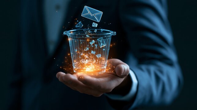 Businessman holding glowing digital trash bin icon with email messages falling inside email deletion recycle bin businessman hands holographic trashcan data cleanup technology