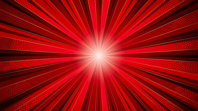 Bright red comic book style background with a radial sunburst and halftone patterns