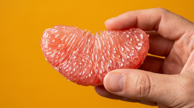 Hand holding a juicy segment of pink grapefruit against a bright orange background