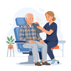 Obraz premium Nurse Applying Hot Pack to Senior Patient's Shoulder for Pain Relief - Vector Illustration