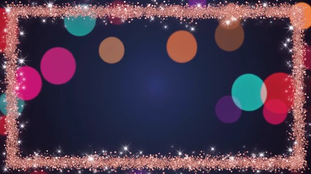 ローズゴールドのグリッターが四辺で瞬くネイビー背景の装飾フレームと多色の玉ボケ