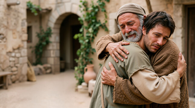 Elderly father embracing his returning son with tears of forgiveness. Biblical parable of the prodigal son in an ancient village. Emotional family reunion and reconciliation concept