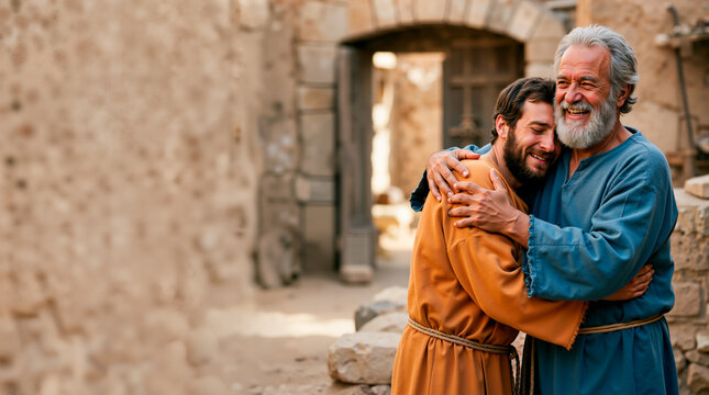 Elderly father joyfully welcoming his son home with a warm embrace. Biblical parable of the prodigal son concept in an ancient stone village. Copy space