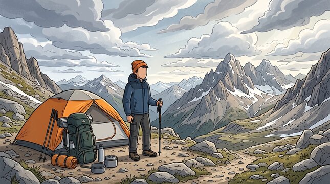 Faceless cartoon male mountain hiker beside a camping tent at a high altitude campsite, backpack and outdoor equipment with dramatic mountain scenery illustration
