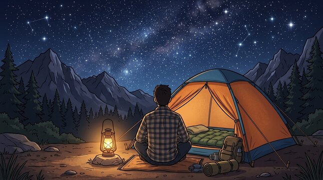 Faceless cartoon male camper looking at a starry night sky from a tent entrance, lantern and sleeping bag creating a peaceful outdoor stargazing adventure illustration