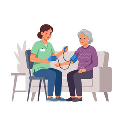 Fototapeta premium Nurse taking an elderly woman's blood pressure at home, healthcare concept illustration