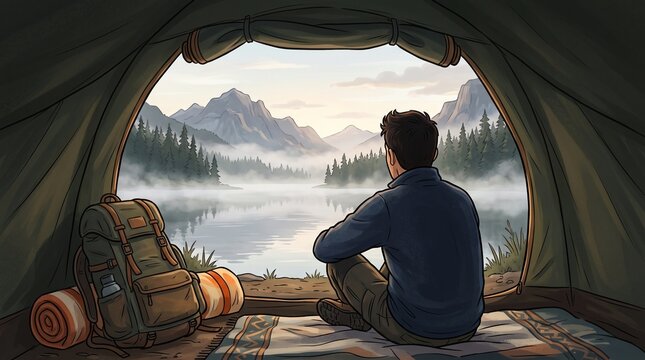 Faceless cartoon male backpacker looking from a tent toward a misty mountain lake, peaceful morning camping scene with backpack and scenic wilderness illustration