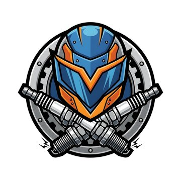 Motorcycle Helmet and Spark Plugs Emblem Design.