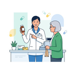 Obraz premium Pharmacist Advising Elderly Patient on Medication in Pharmacy Setting with Pills and Modern Flat Illustration Style