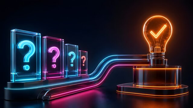 Glass panels with question marks feeding into a glowing pipeline connected to a lightbulb with a checkmark representing systematic problem solving and innovative processes