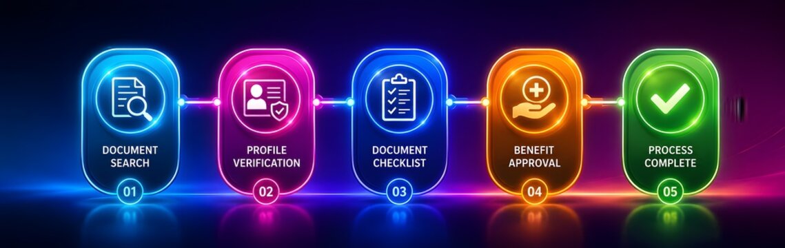 Glowing neon five step digital workflow interface showing document search profile verification checklist benefit approval and process complete