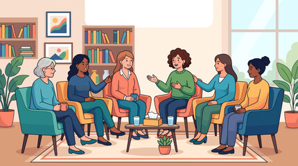 Fototapeta premium Diverse group of women in a support group session sharing and connecting in a comfortable living room setting