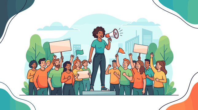 Diverse group of people protesting with signs and flags led by a woman with a megaphone