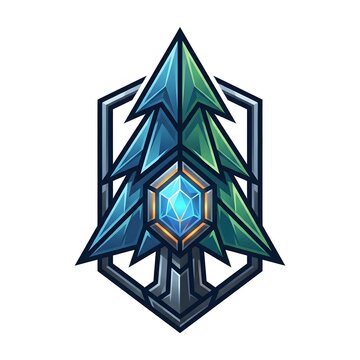 Stylized Pine Tree Emblem with Blue Gemstone Core.