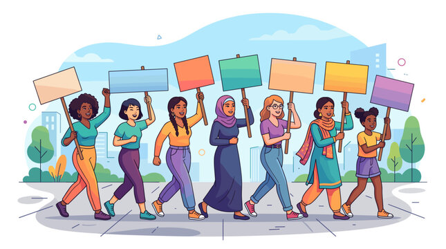 Diverse group of women marching together holding blank protest signs advocating for change and equality