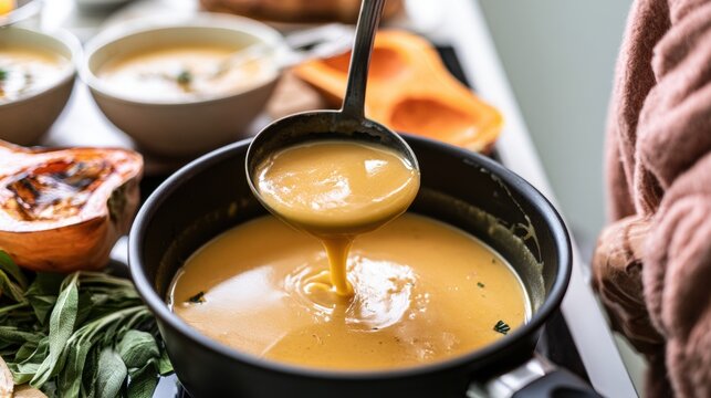 Ladle pouring creamy soup into pot beside serving bowls, harvest meal preparation and seasonal comfort food concept