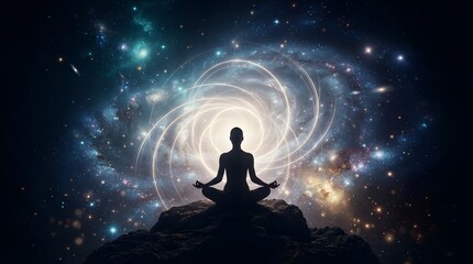 Fototapeta premium Cosmic meditation scene featuring silhouetted person sitting peacefully against colorful galaxy stars and celestial universe