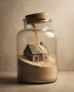 Miniature Wooden House Buried in Sand Inside Glass Jar