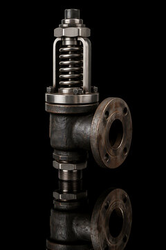 Industrial pressure relief valve with helical spring and flanged cast iron body on black background, stainless steel spring loaded PRV for oil gas pipeline pressure control, studio photography