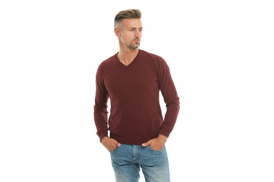 Handsome mature man. Stylish male. Men casual style. Portrait handsome guy in menswear. Fashion style. Stylish menswear fashion. Caucasian mature man. Man in jumper isolated on white