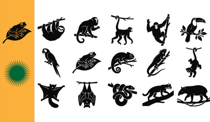 Fototapeta premium Collection of fifteen black rainforest arboreal animal silhouettes featuring frogs sloth monkeys orangutan toucan parrot chameleon iguana lemur flying squirrel bats snake cougar tapir banner