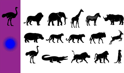 Fototapeta premium Collection of fifteen black African savanna animal silhouettes featuring ostrich lion elephant giraffe zebra rhinoceros hippo leopard wildebeest gazelle crocodile 
