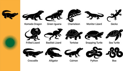 Obraz premium Collection of fifteen black reptile silhouettes featuring Komodo Dragon Green Iguana Chameleon Monitor Gecko Frilled Basilisk Tortoise Snapping Sea Turtle Crocodile Alligator Caiman Python Boa