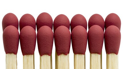 Isolated row of classic red-tipped wooden matches standing upright in a neat arrangement © Conor