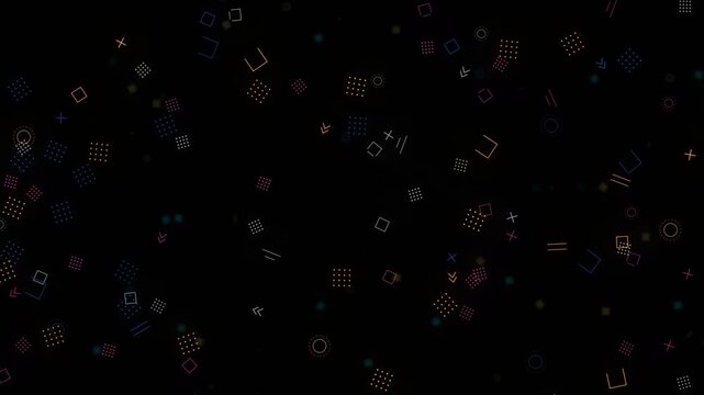 Abstract pattern featuring floating colorful geometric shapes like squares, circles, dots, and plus signs on a dark black surface.