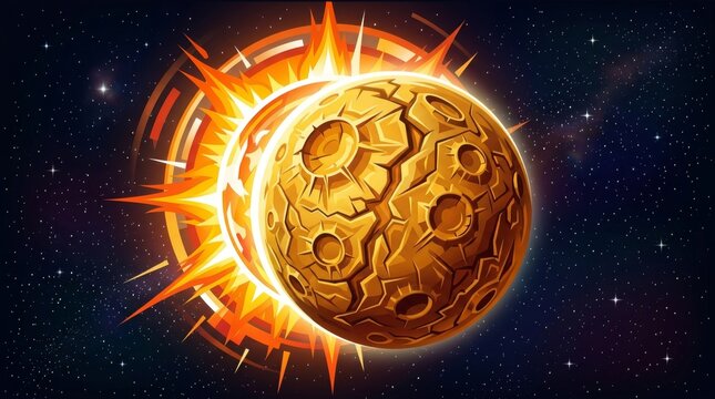 Cosmic Alignment: A celestial spectacle unfolds as two celestial bodies, one glowing with intense solar energy and the other pockmarked and textured, align in the vast expanse of space.