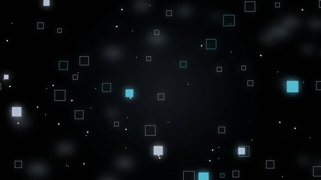 Abstract composition of glowing white and light blue squares on a black , featuring floating solid and outlined geometric shapes in a pattern.