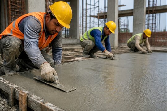 Three builders smooth wet concrete with trowels. They wear hard hats and safety vests. Focused on their work, they kneel low. Cement flows evenly beneath their tools
