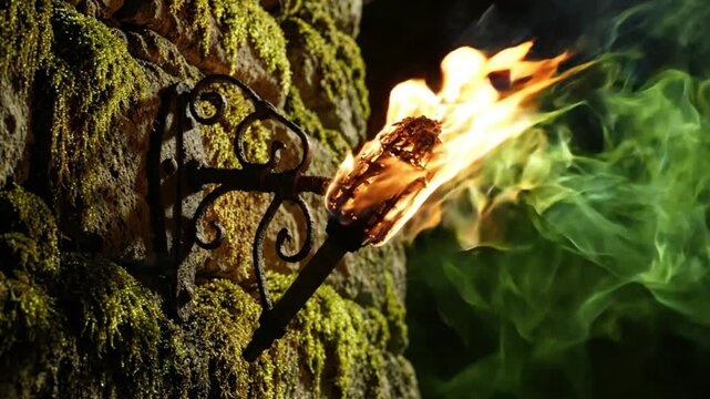 Medieval torch burning on mossy stone wall with mystical green smoke
