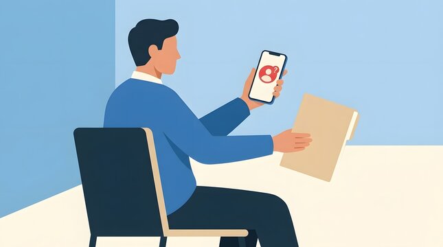 Remote Job Interview: A man sits holding a phone with a video call screen showing a person and a folder in his hand, participating in a virtual interview.