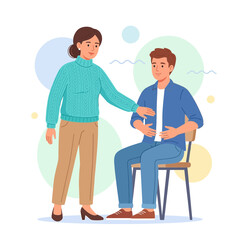 Obraz premium Therapist guides patient through breathing exercise, promoting relaxation and well-being. Modern flat illustration.